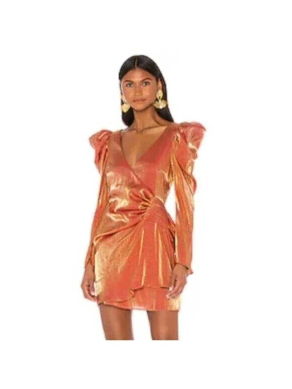 Elliatt Metallic Copper Gold Puff Shoulder Long Sleeve Wrap Mini Dress - Picture 15 of 15